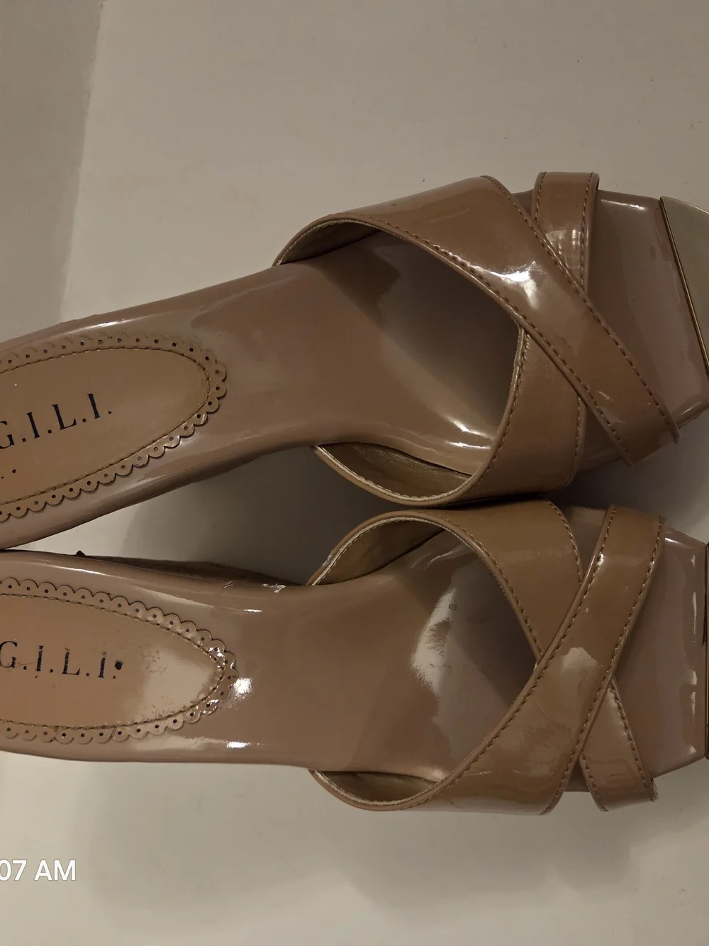 G.I.L.I. Patent Nude Tan Cork Peep-Toe Wedge Sandals